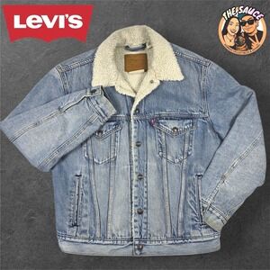 Levi's Vintage Sherpa Lined Denim Trucker Jacket Mens Small Blue‎ Jean Outerwear